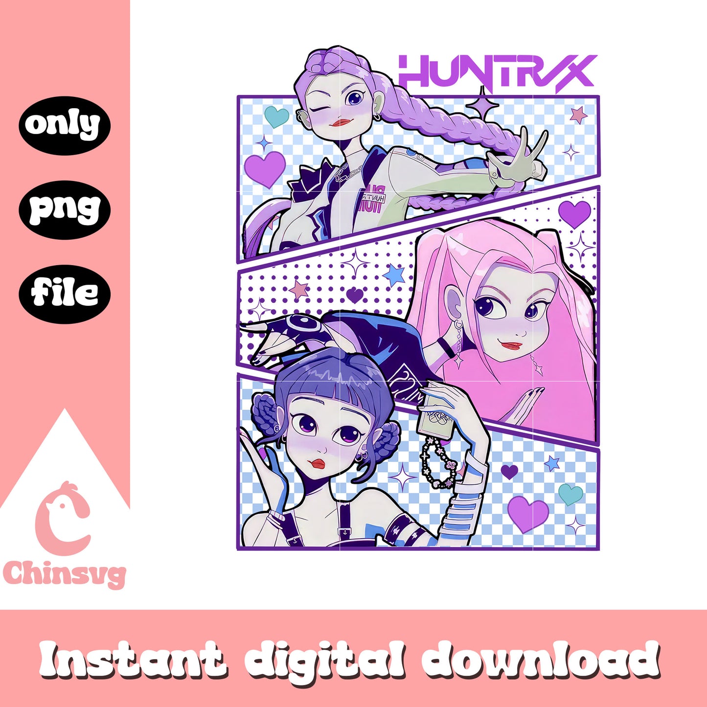 Huntrix members cartoon design png, huntrix girl group kpop png