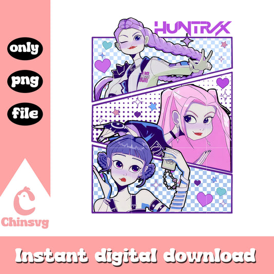 Huntrix members cartoon design png, huntrix girl group kpop png