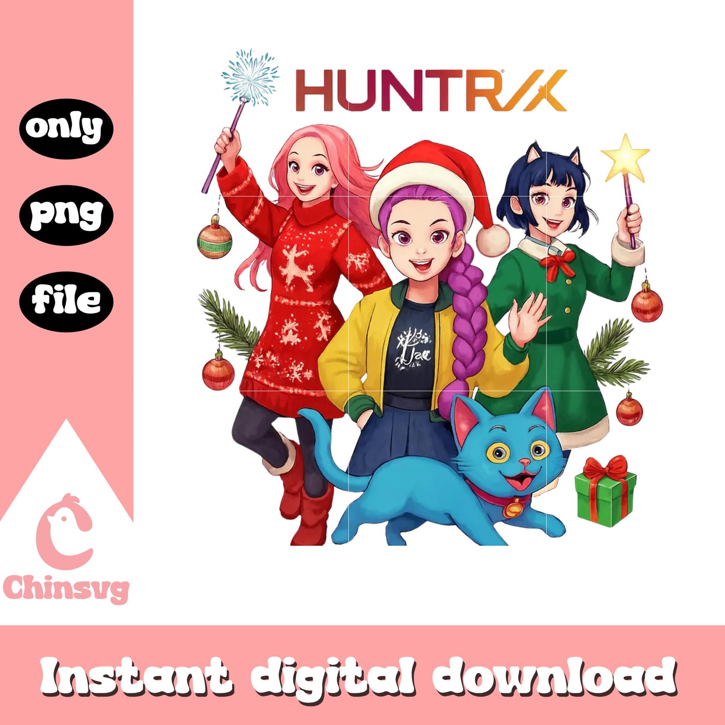 Huntrix members christmas sweater png, christmas movies png