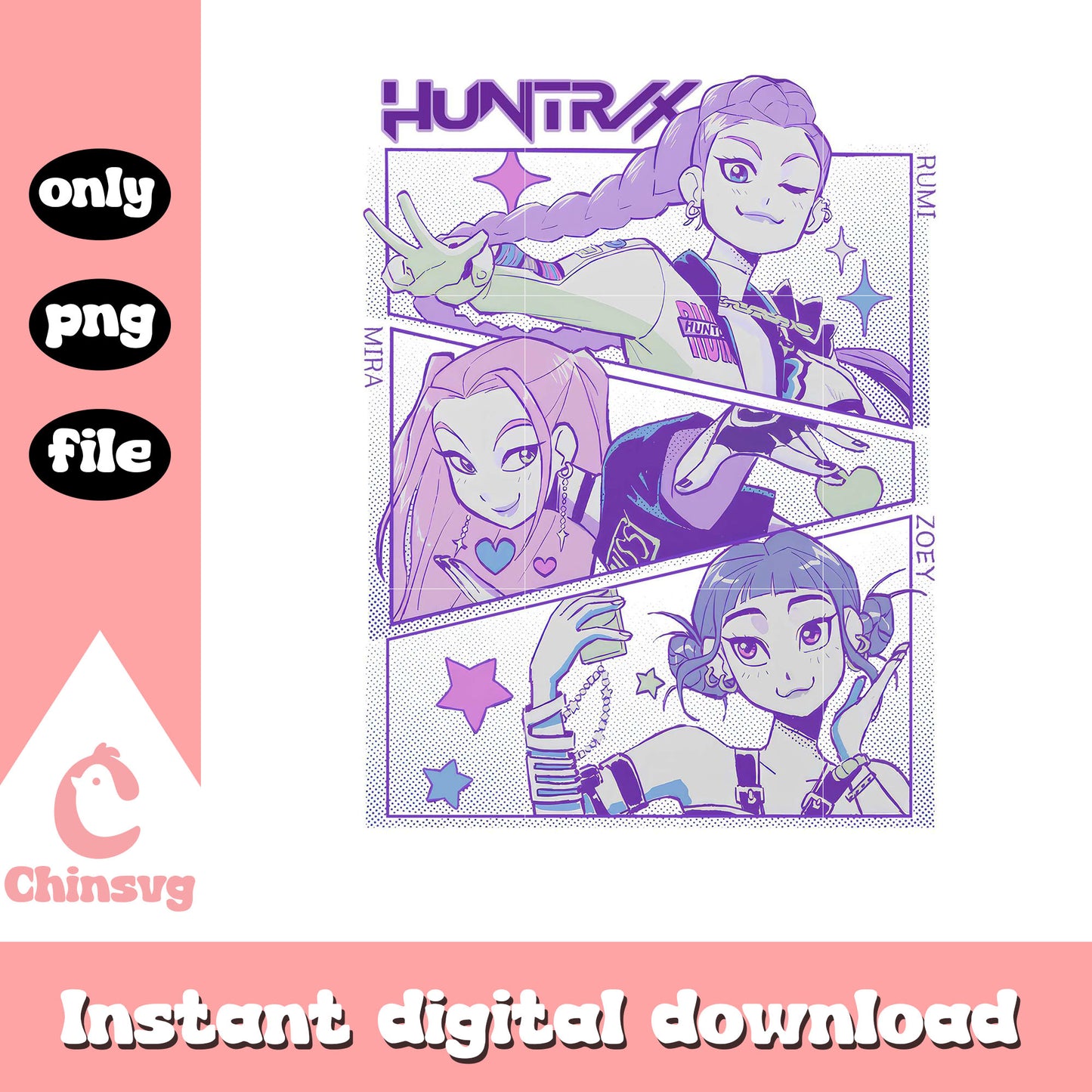 Huntrix members manga design png, kpop demon hunters png
