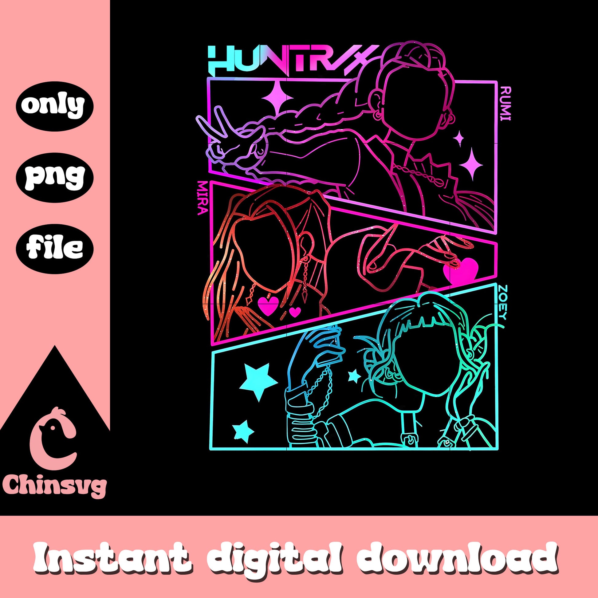 Huntrix members outline design png, kpop girl groups png