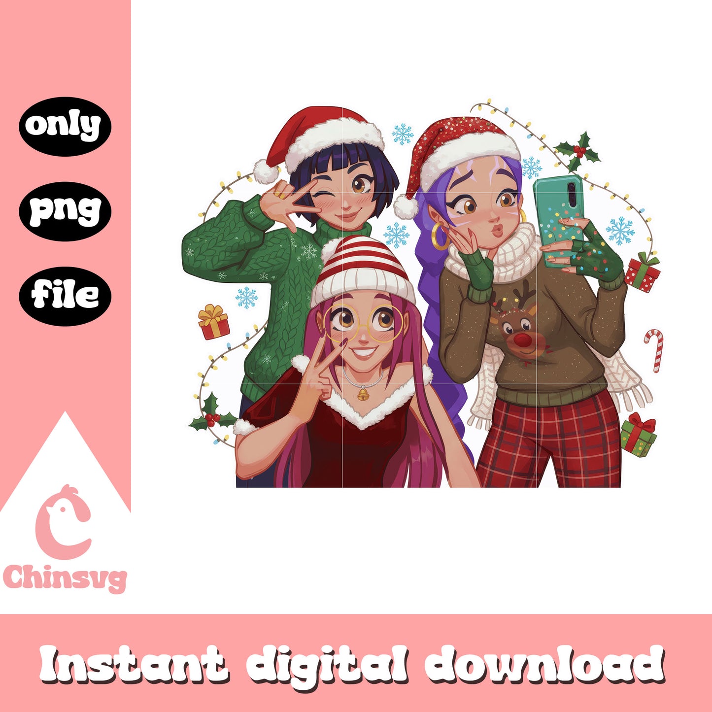 Huntrix members selfie on christmas png, huntrix cast png