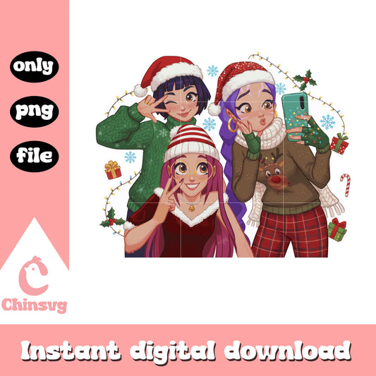 Huntrix members selfie on christmas png, huntrix cast png