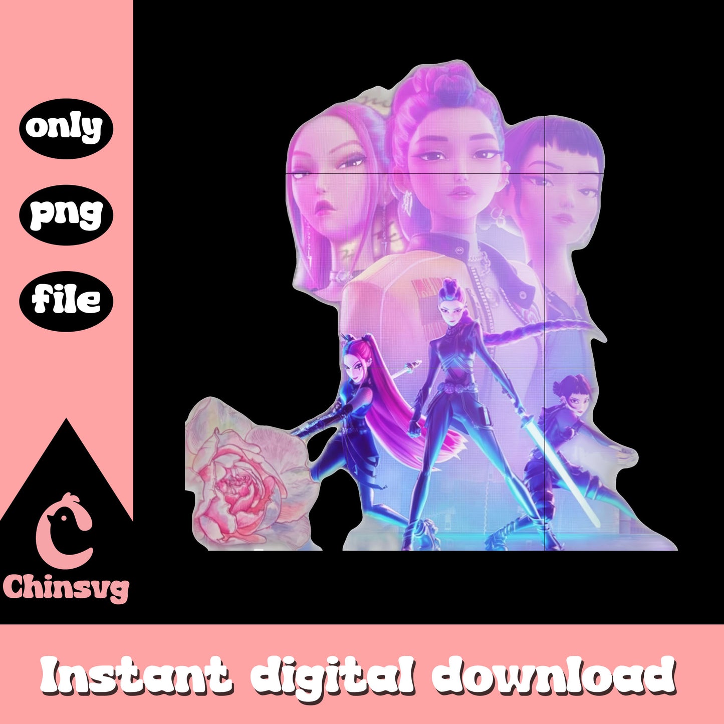 Huntrix normal and hunter forms design png, kpop hunters png