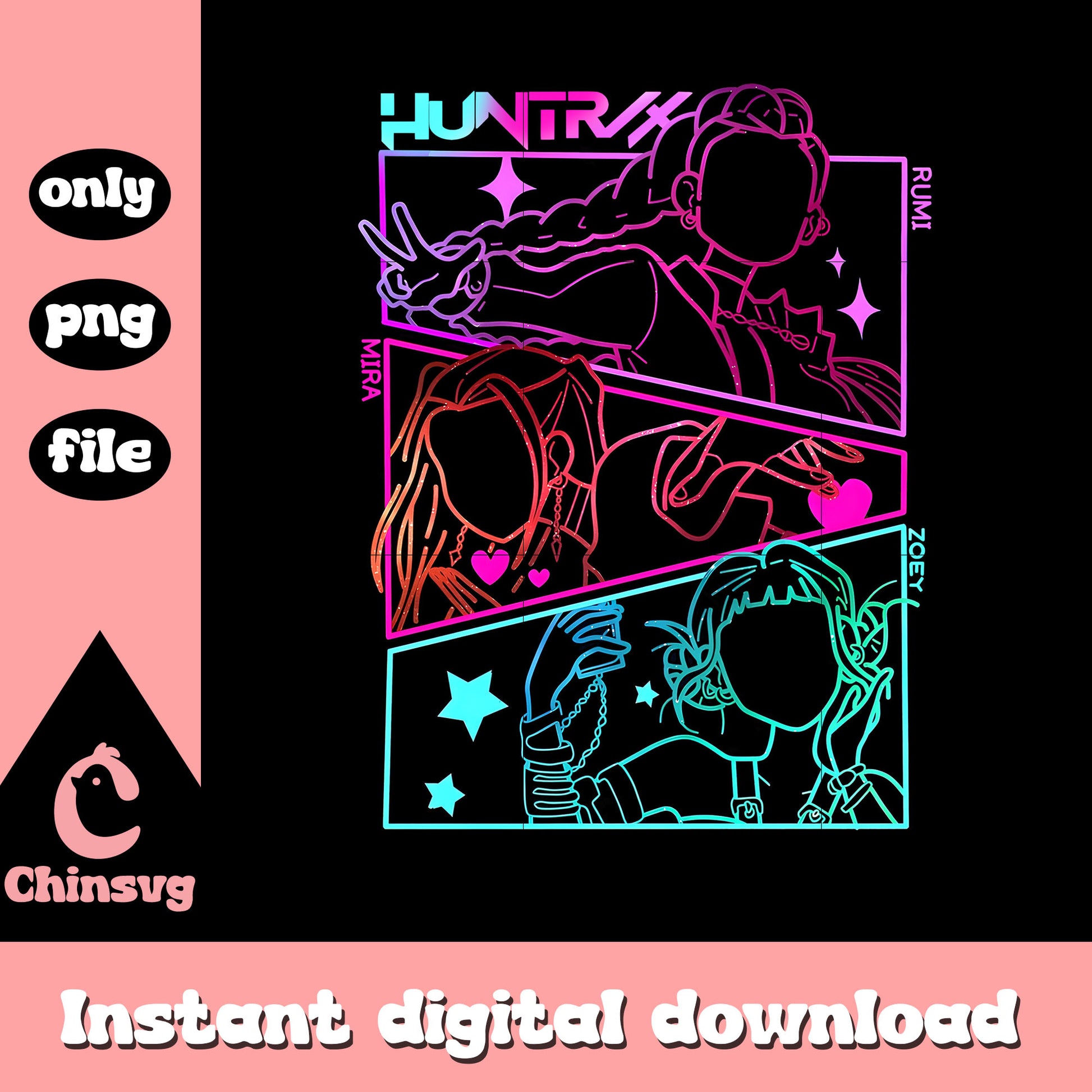 Huntrix outline colorful design png, kpop huntrix png, anime png