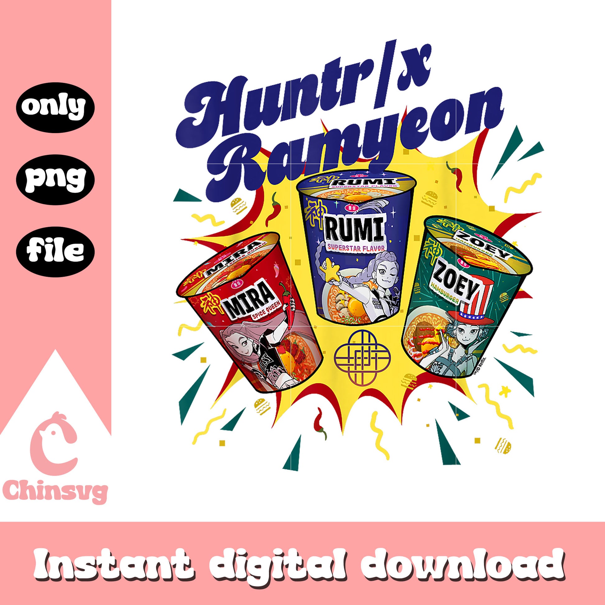 Huntrix ramyeon kpop group design png, kpop demon hunter kpop group png