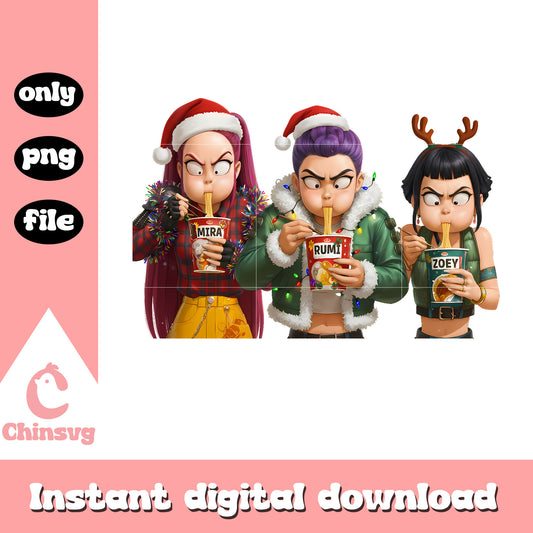 Huntrix ramyeon merry christmas png, kpop demon hunters cast png