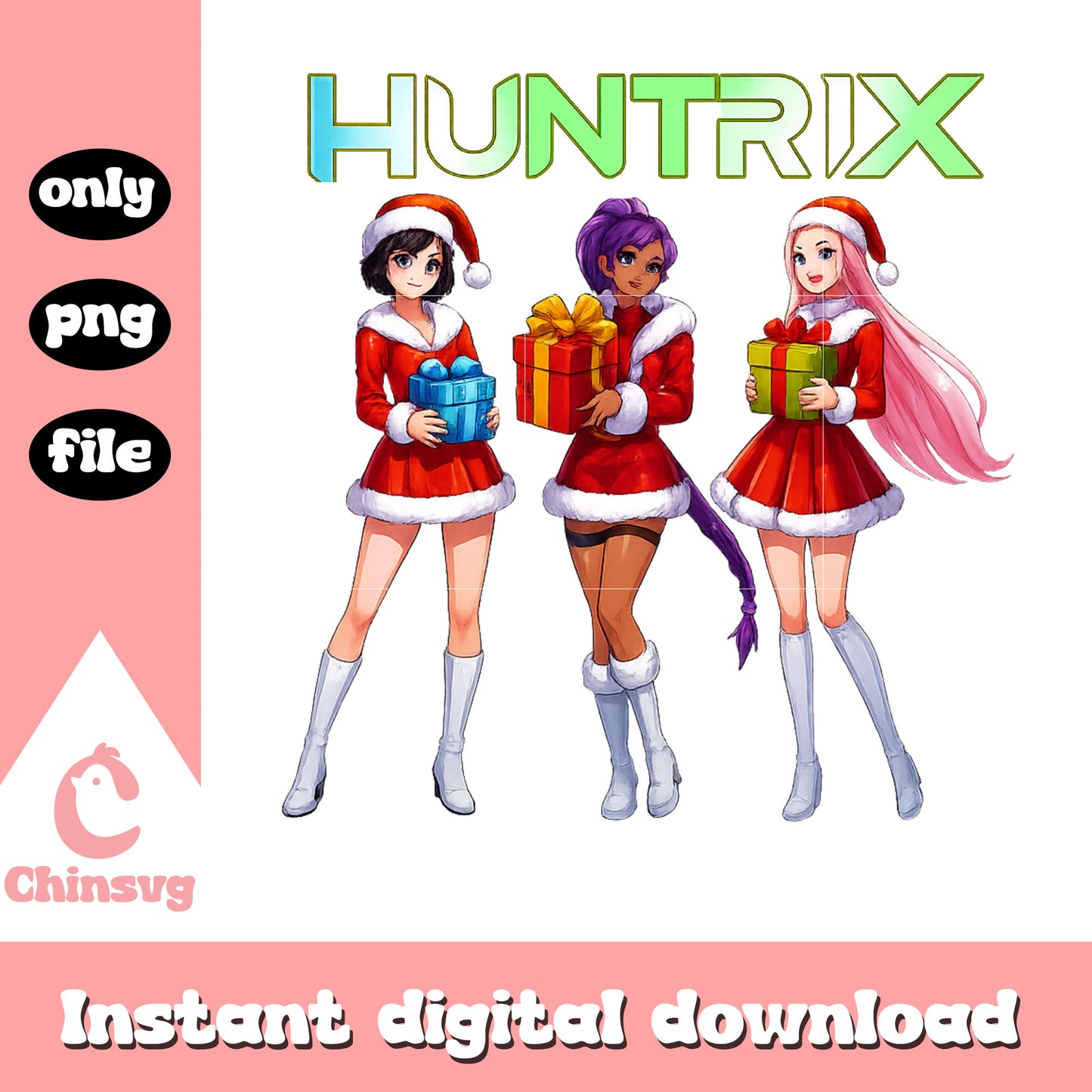 Huntrix santa claus and christmas presents png, huntrix band png