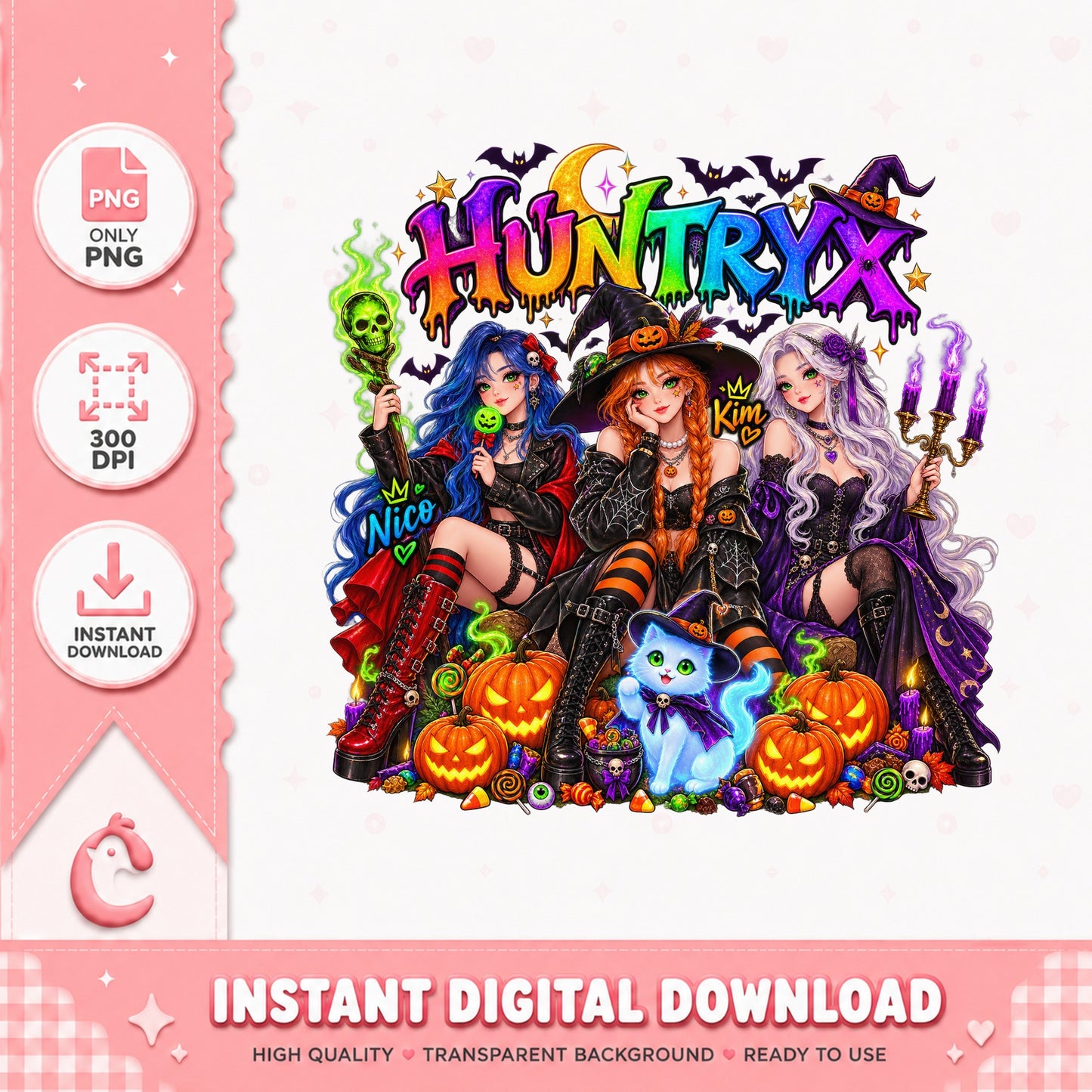 Huntryx Halloween Witches PNG, Spooky Girls Clipart, Halloween PNG