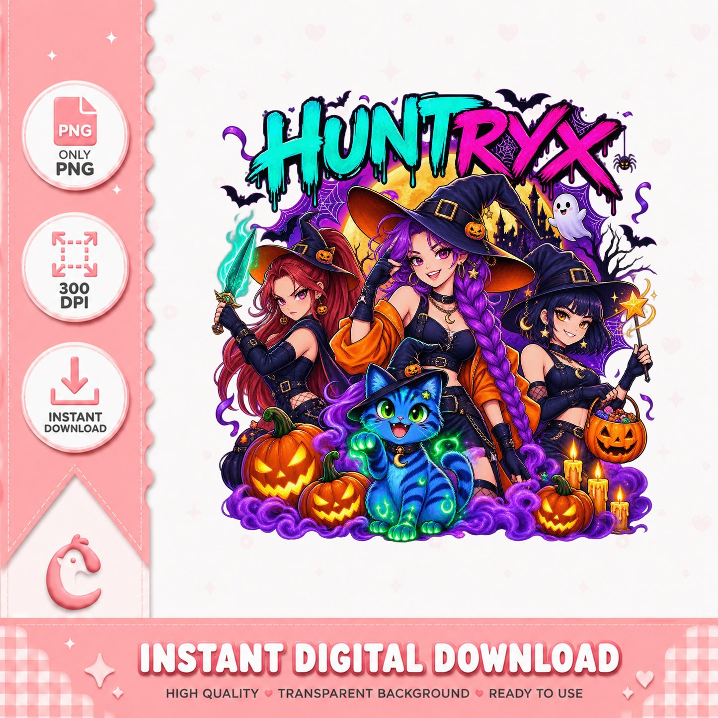 Huntryx Witch Girls Halloween PNG, Spooky Cat Pumpkin, PNG