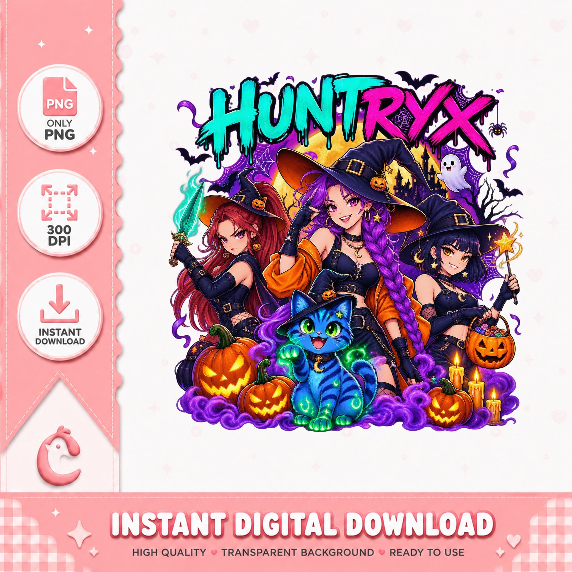 Huntryx Witch Girls Halloween PNG, Spooky Cat Pumpkin, PNG