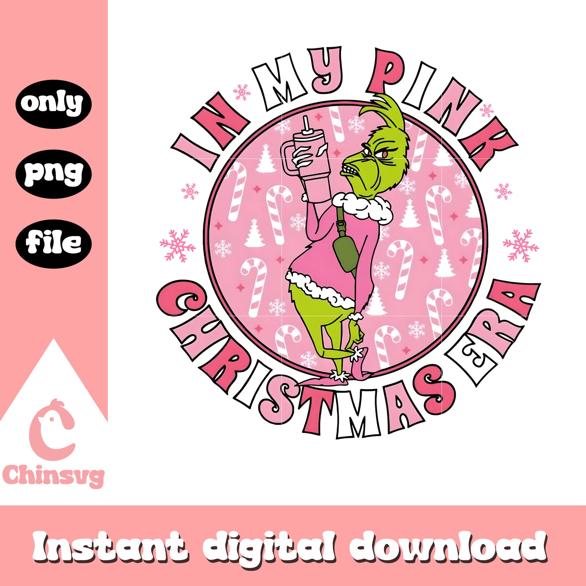 In my pink christmas era merry grinchmas png, grinch pink png