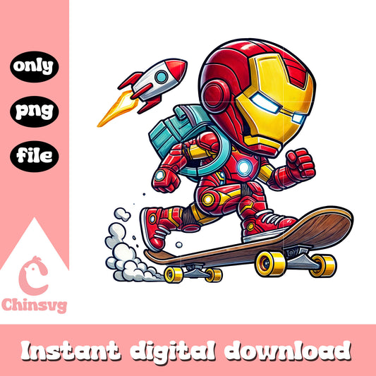 Iron man skateboarding to school design png, iron man png