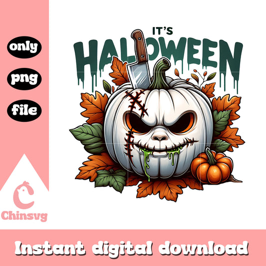 It's halloween chucky face pumpkin design png, trick or treat png