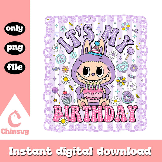 It's my birthday purple labubu frame design png, labubu png