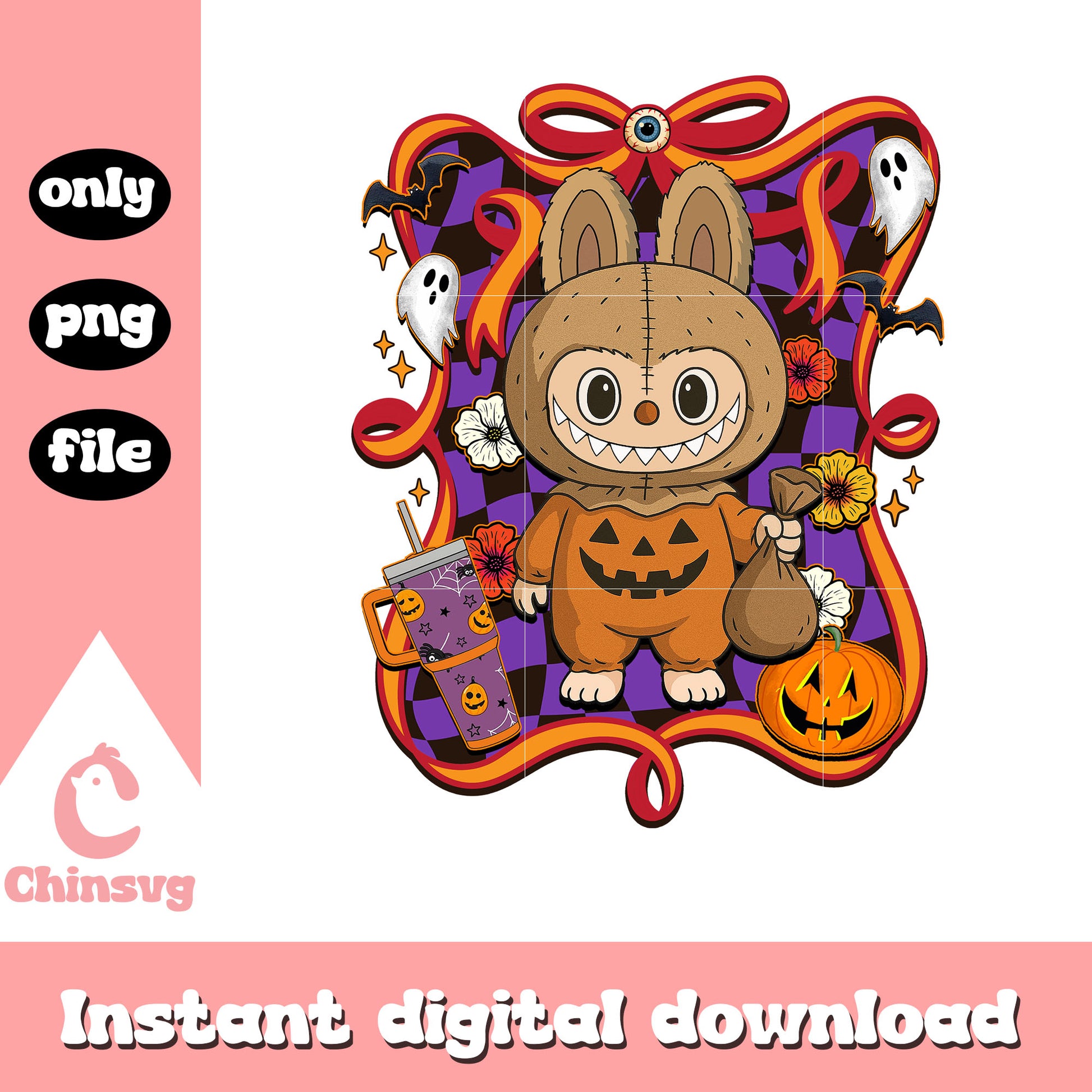 Jack-o'-lantern with sack halloween labubu bow png, halloween png