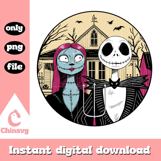 Jack and Sally skellington retro house png, jack and sally png