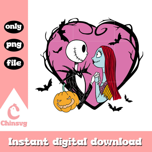 Jack and sally in pink heart design png, jack skellington sally png