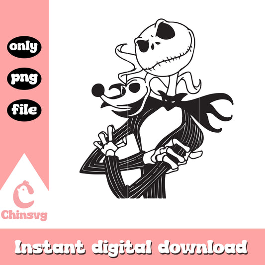 Jack and zero black white painting png, jack skellington zero png