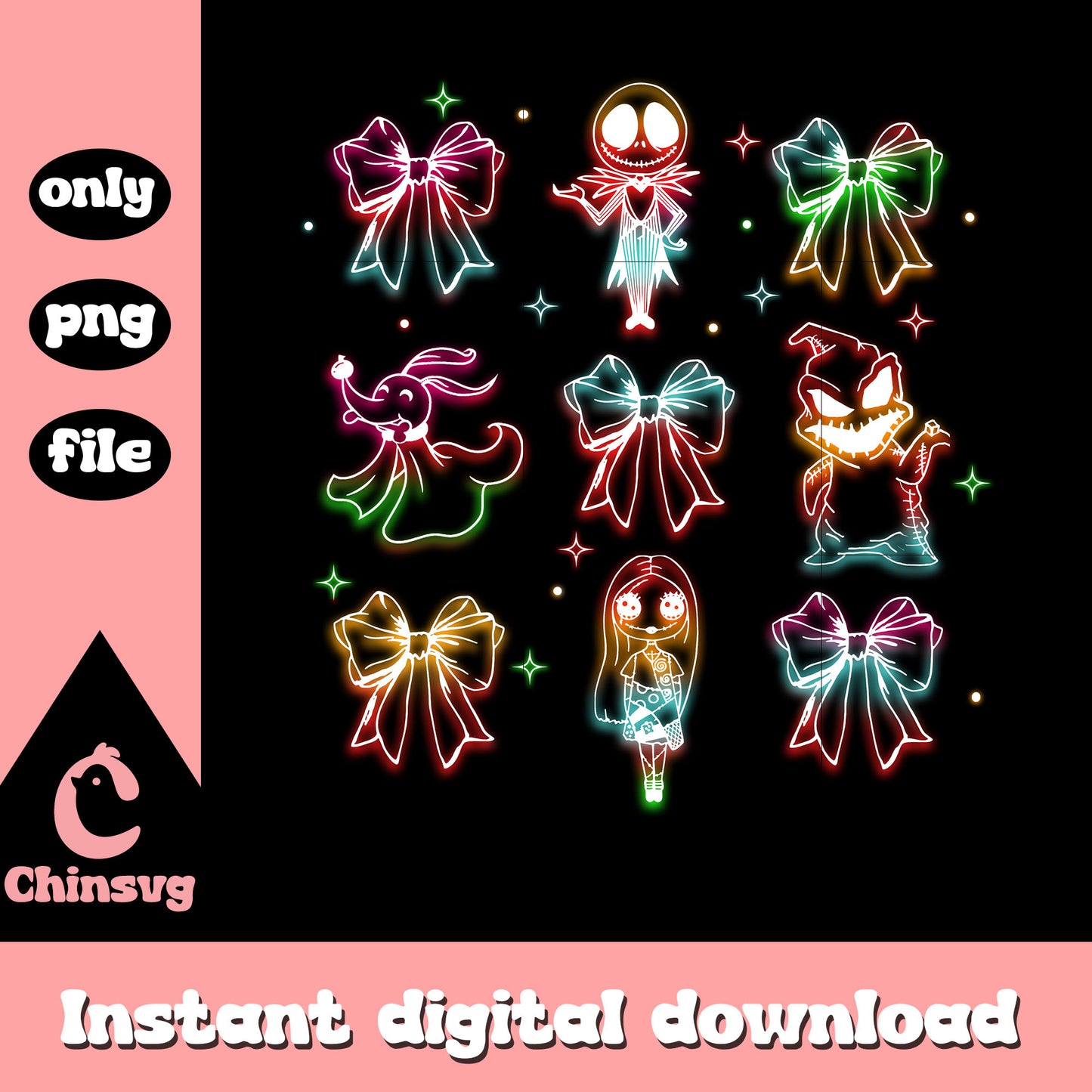 Jack skellington friends bow neon art png, nightmare before christmas png