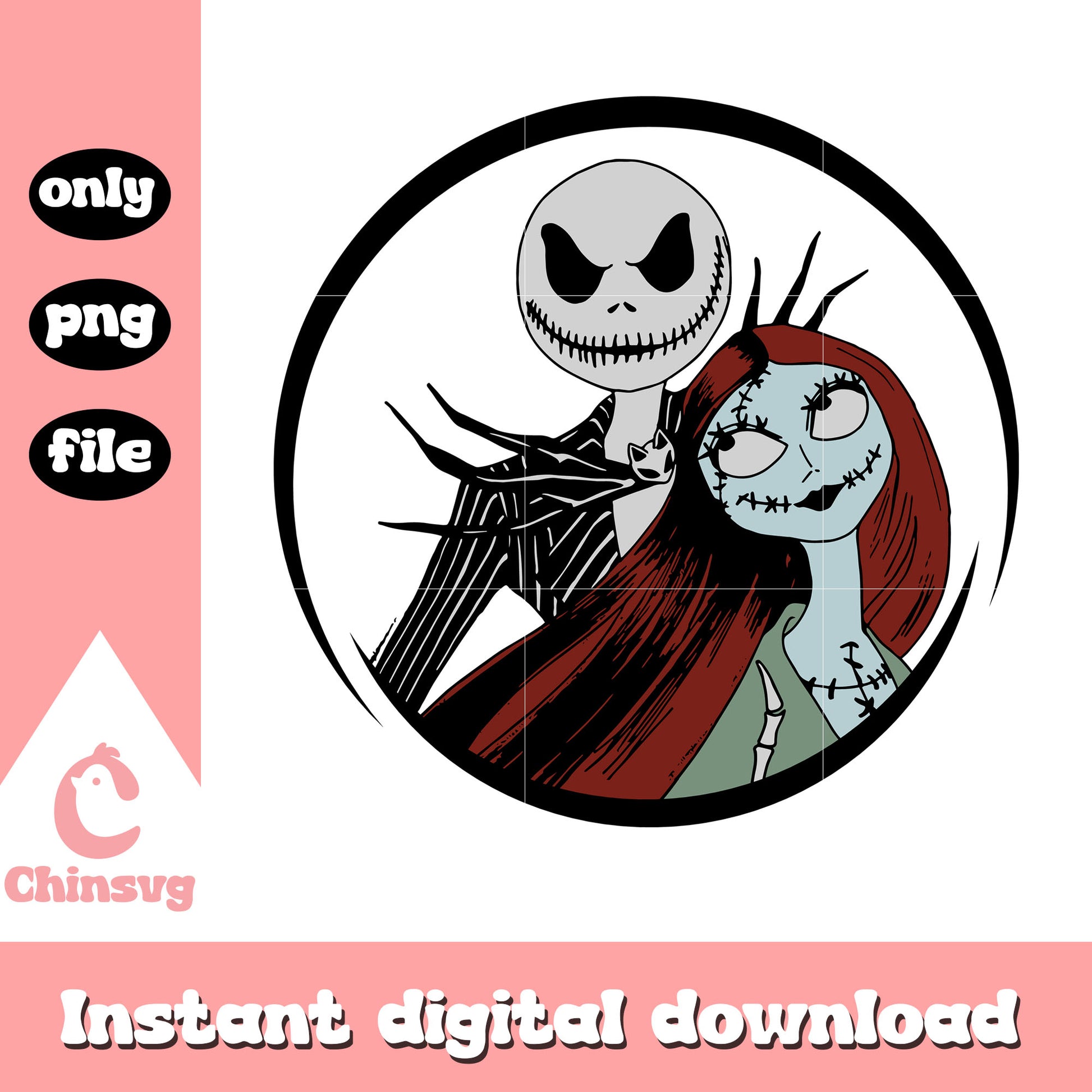 Jack with sally round frame design png, sally jack png