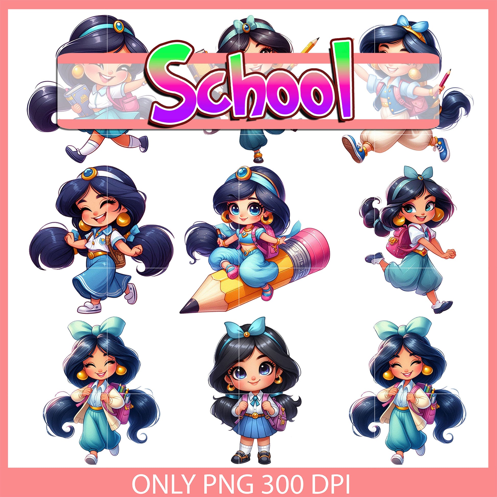 Jasmine back to school design bundle png, jasmine princess png