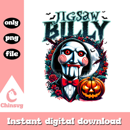 Jigsaw billy pumpkin halloween design png, jigsaw halloween png