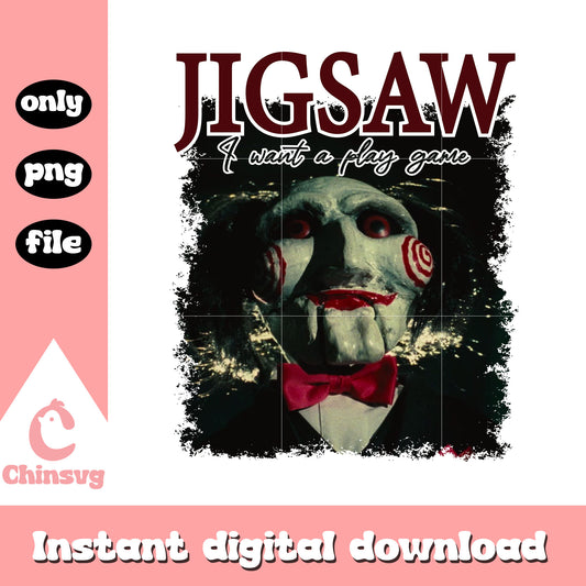 Jigsaw i want a play game horror design png, jigsaw png