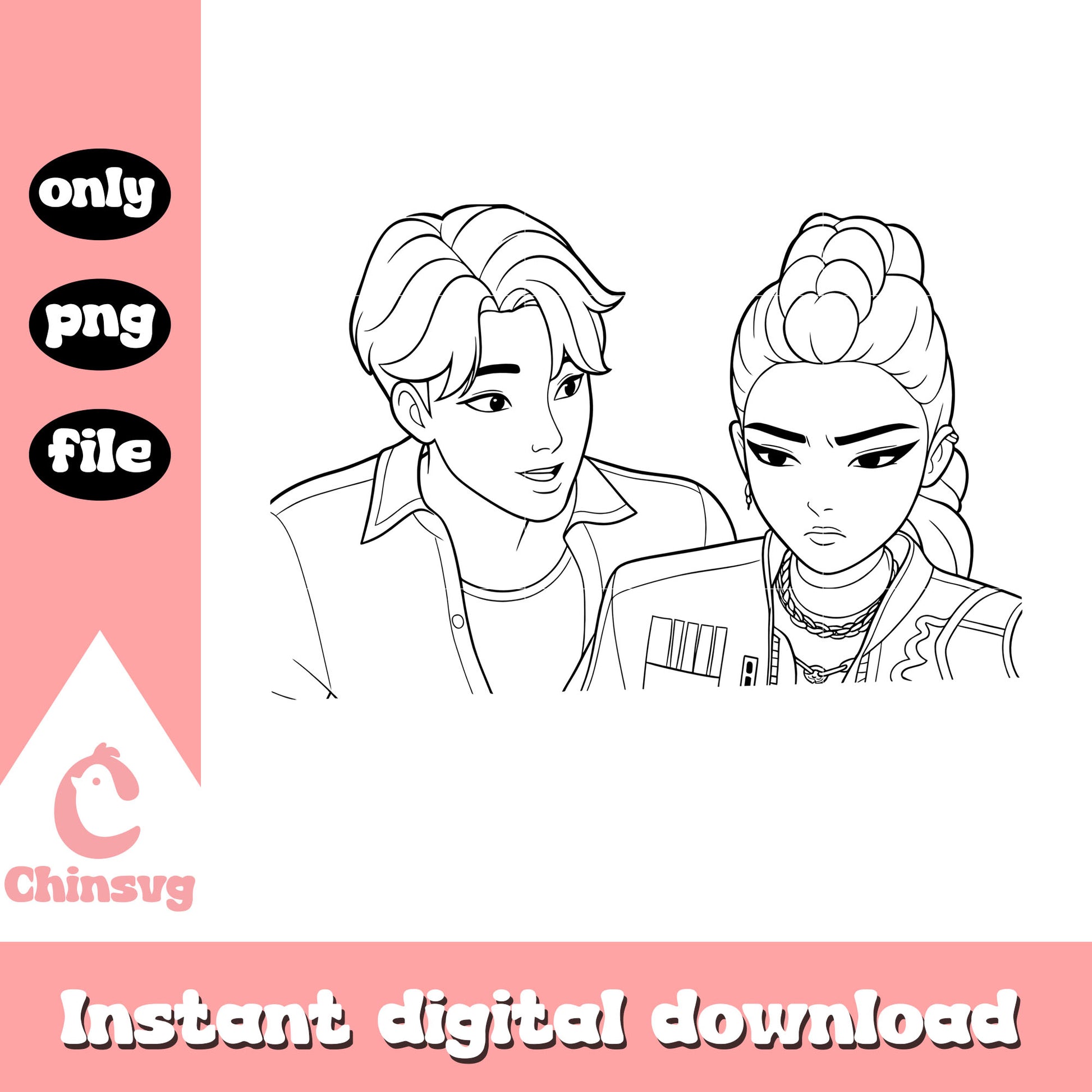Jinu and rumi characters outline png, kpop demon hunters png