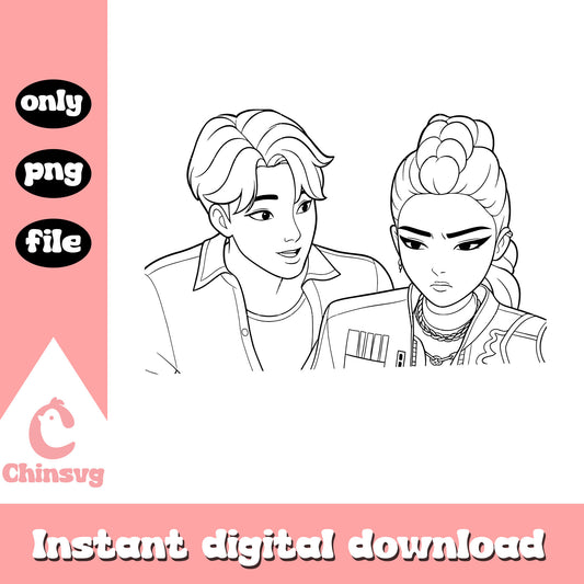 Jinu and rumi characters outline png, kpop demon hunters png