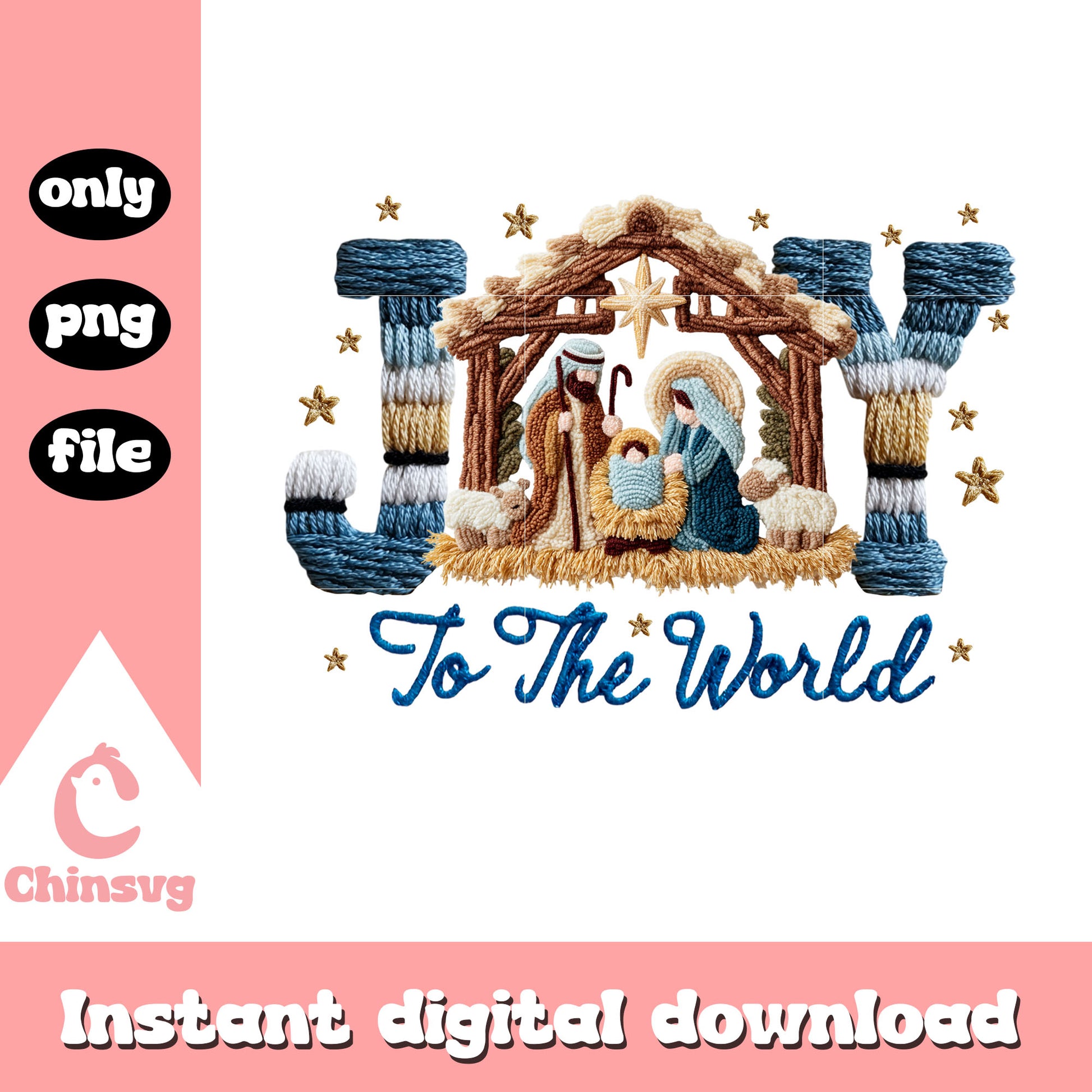 Joy to the world yarn crochet png, nativity wall art christmas  png