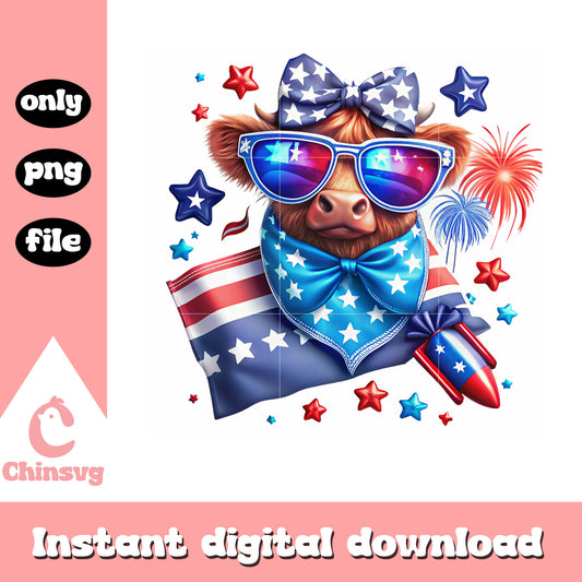 July 4th highland cow design png, 4th of july decoration png