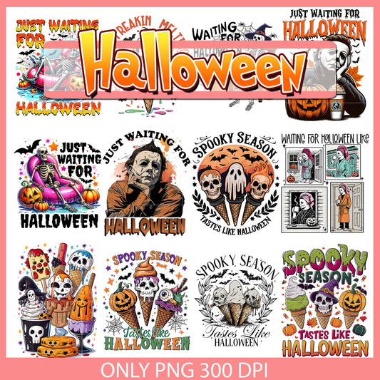 Just waiting for halloween skeleton bundle png, ice cream halloween​ png