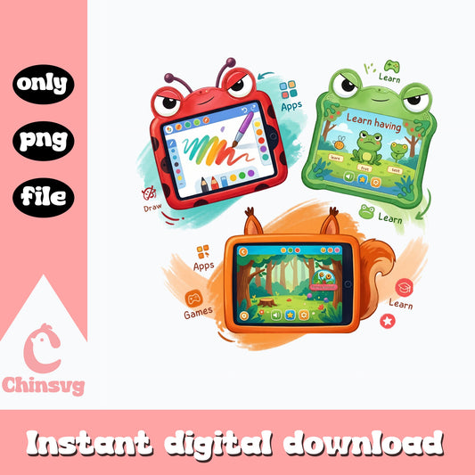 Kids Tablet Animals PNG Bundle, Cute Learning Clipart, Kids PNG