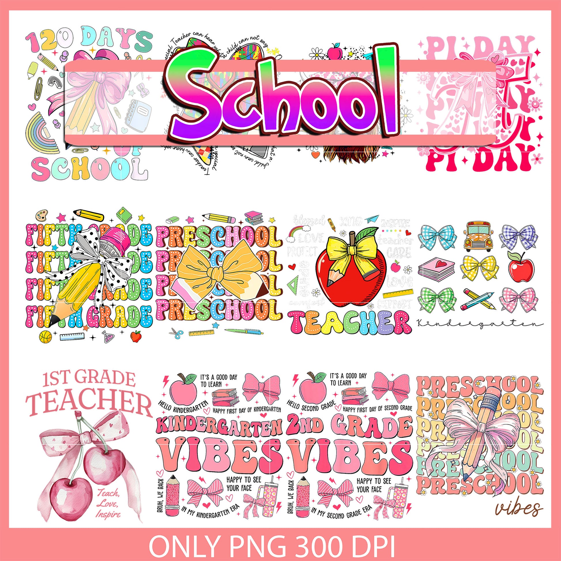 Kindergarten vibes pink bundle png, kindergarten png, teacher png