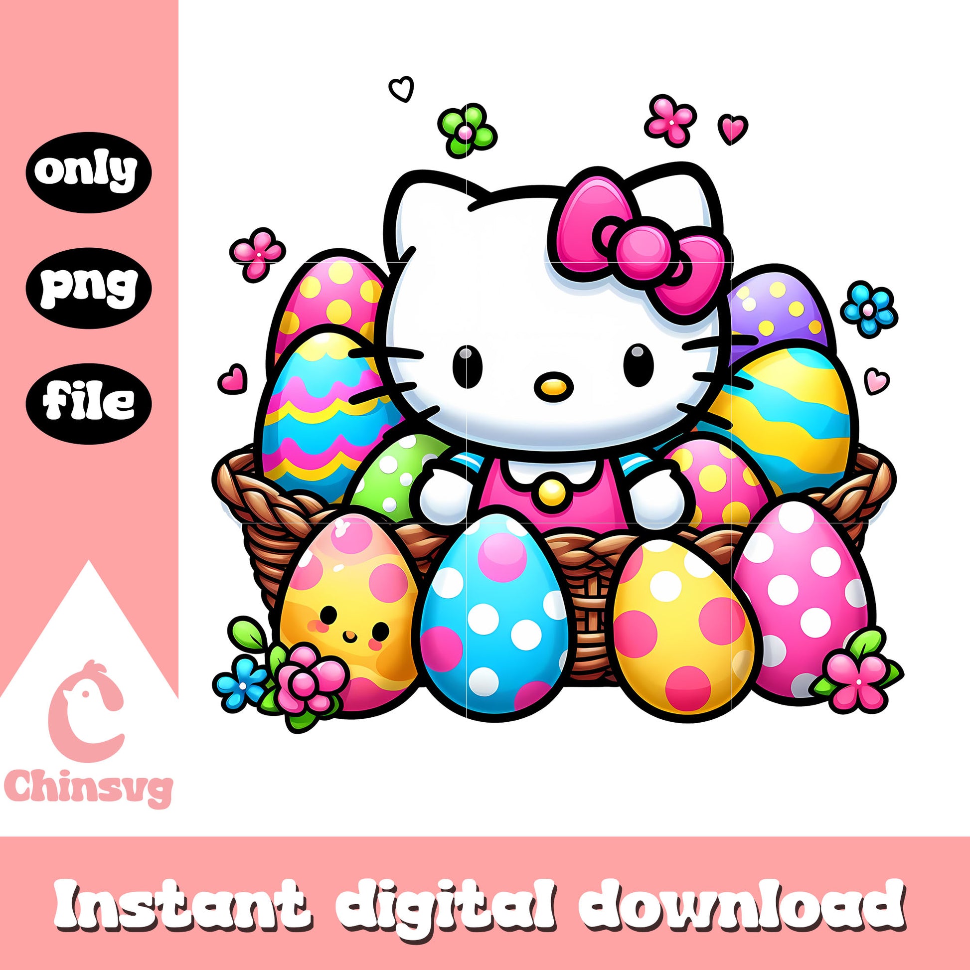 Kitty cat and easter eggs basket png, easter eggs png, sanrio png