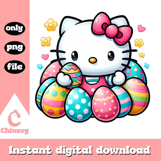 Kitty cat and easter eggs design png, happy easter png