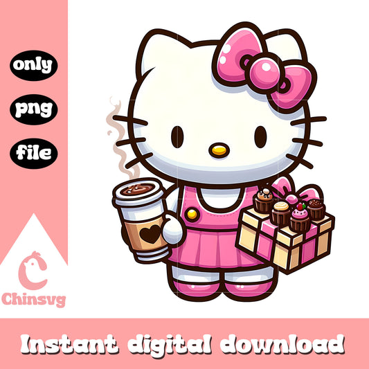 Kitty cat drink coffee on valentine day png, valentine png, sanrio png