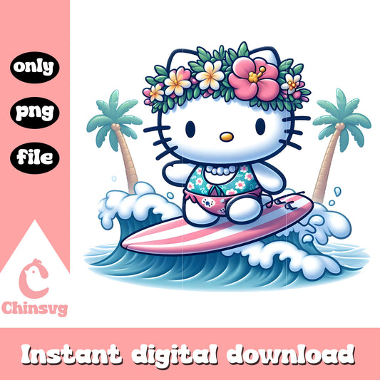 Kitty cat surfing png, summer vacation png, sanrio png