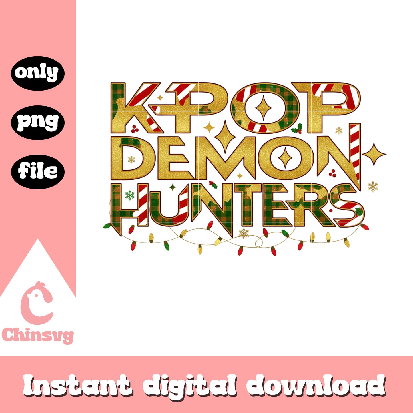 Kpop demon hunters christmas text design png, christmas lights png