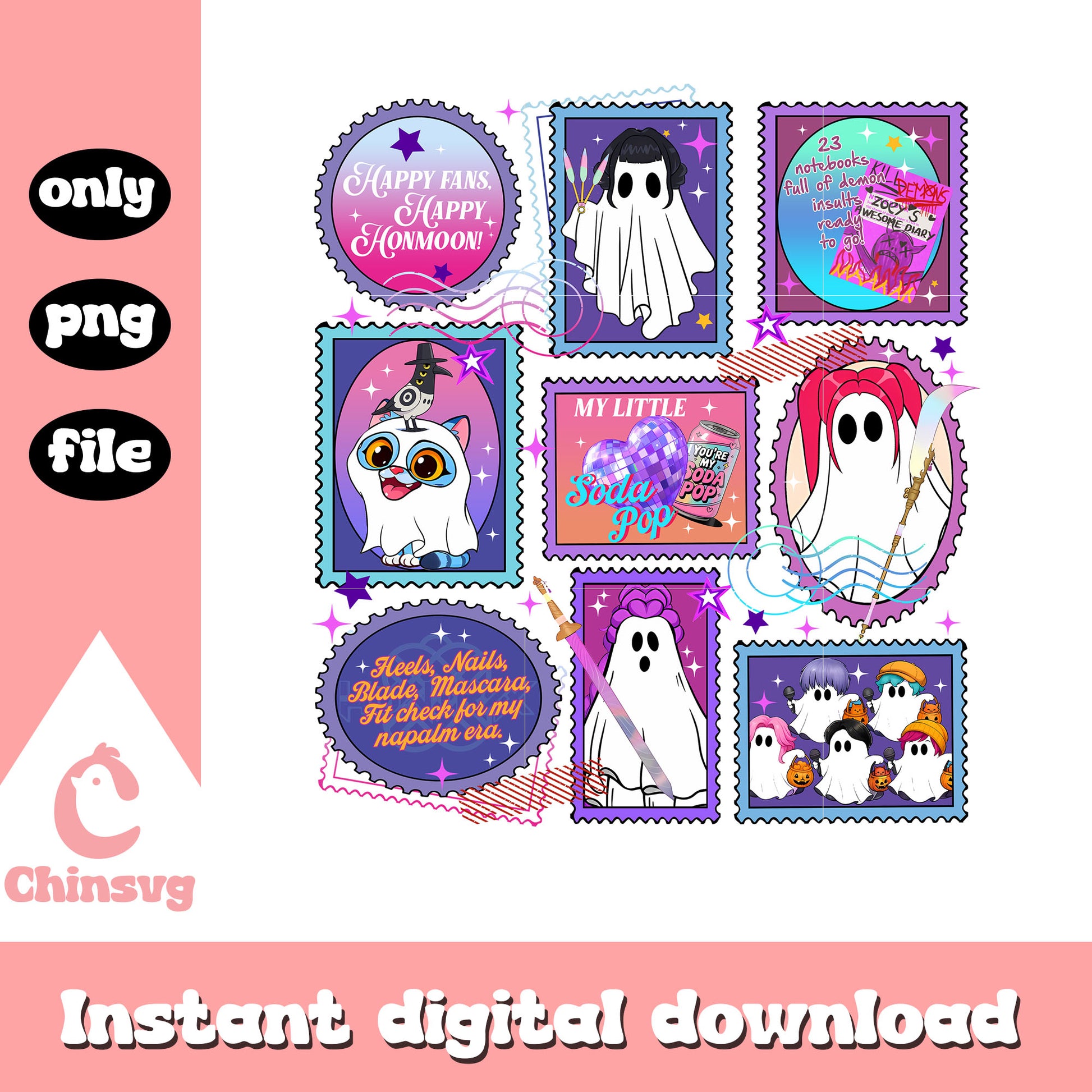 Kpop demon hunters stamp design png, happy halloween png