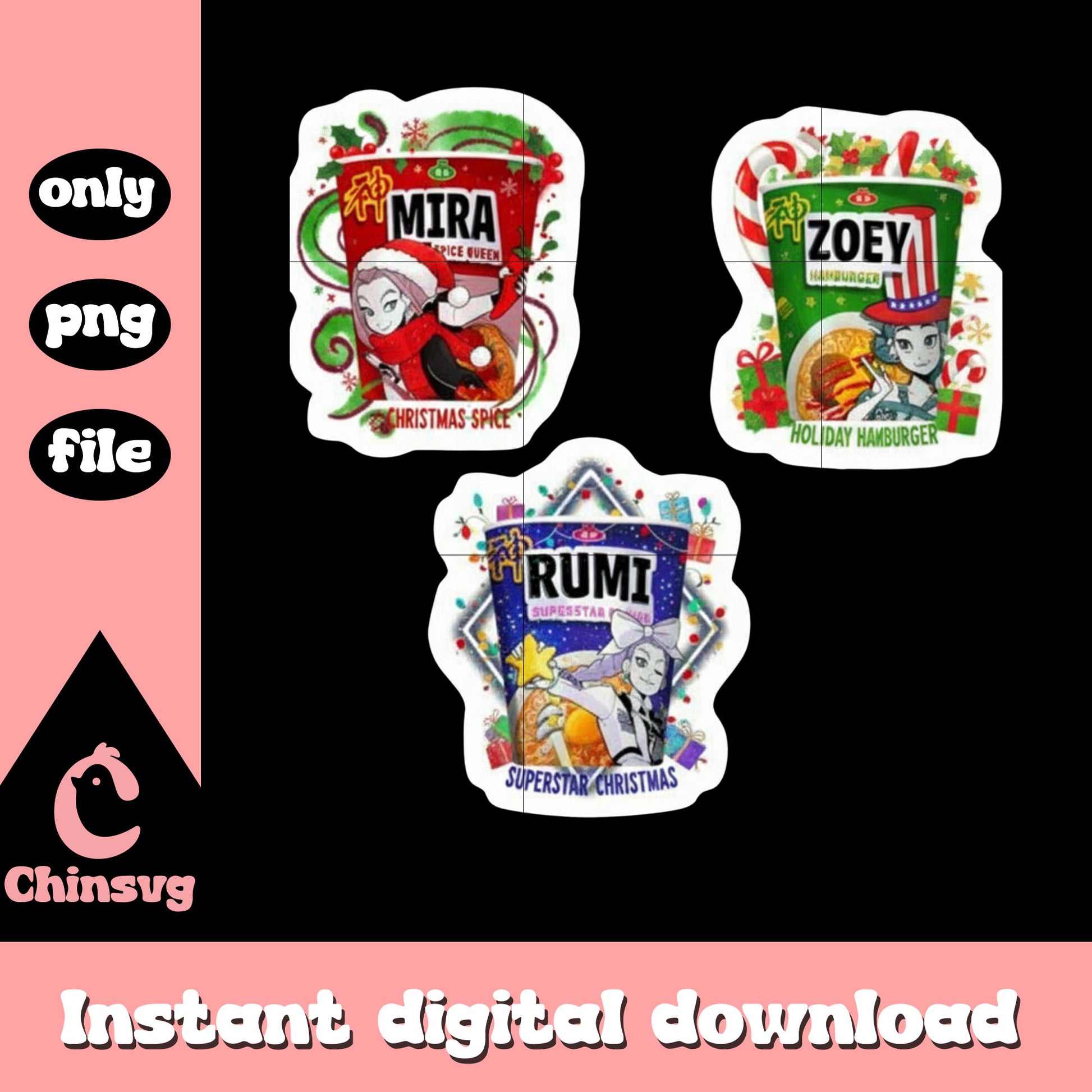 Kpop hunters huntrix ramen cup christmas png, huntrix ramen png 