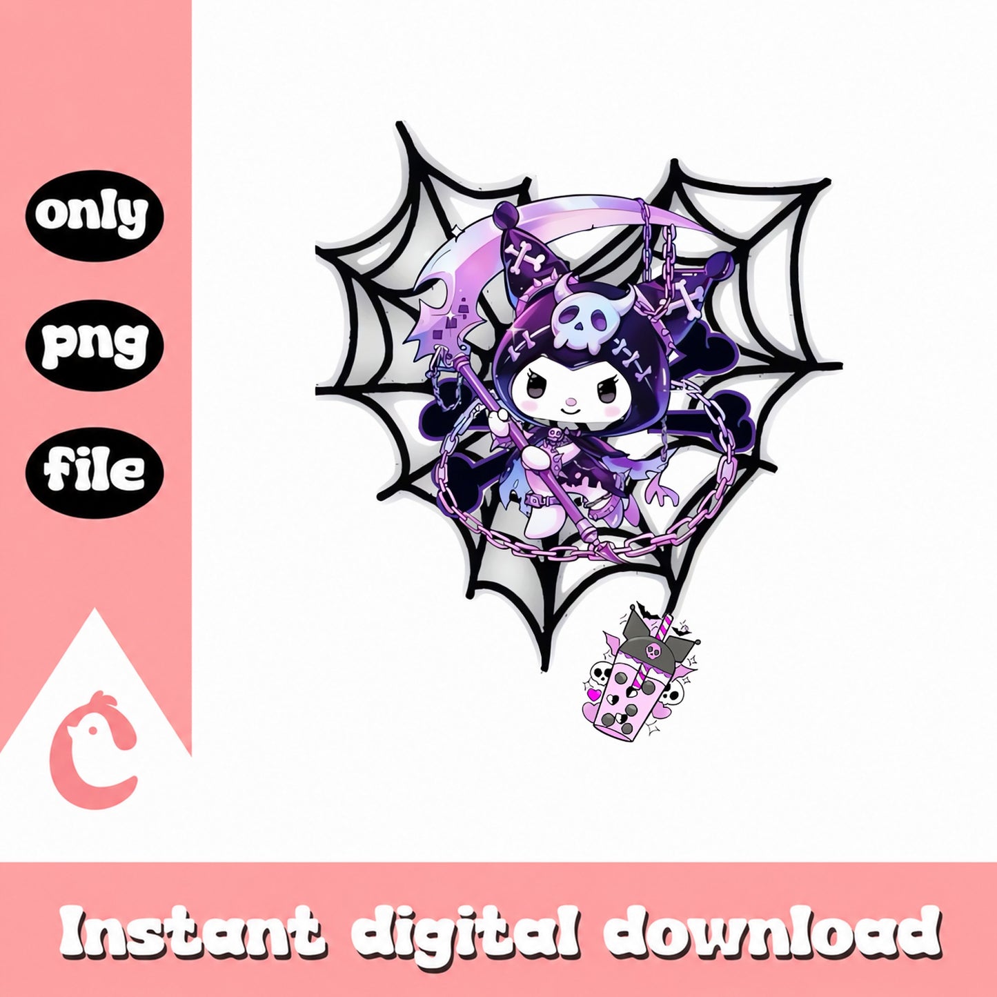 Kuromi Halloween PNG, Sanrio Spooky Spider Web, Skull PNG