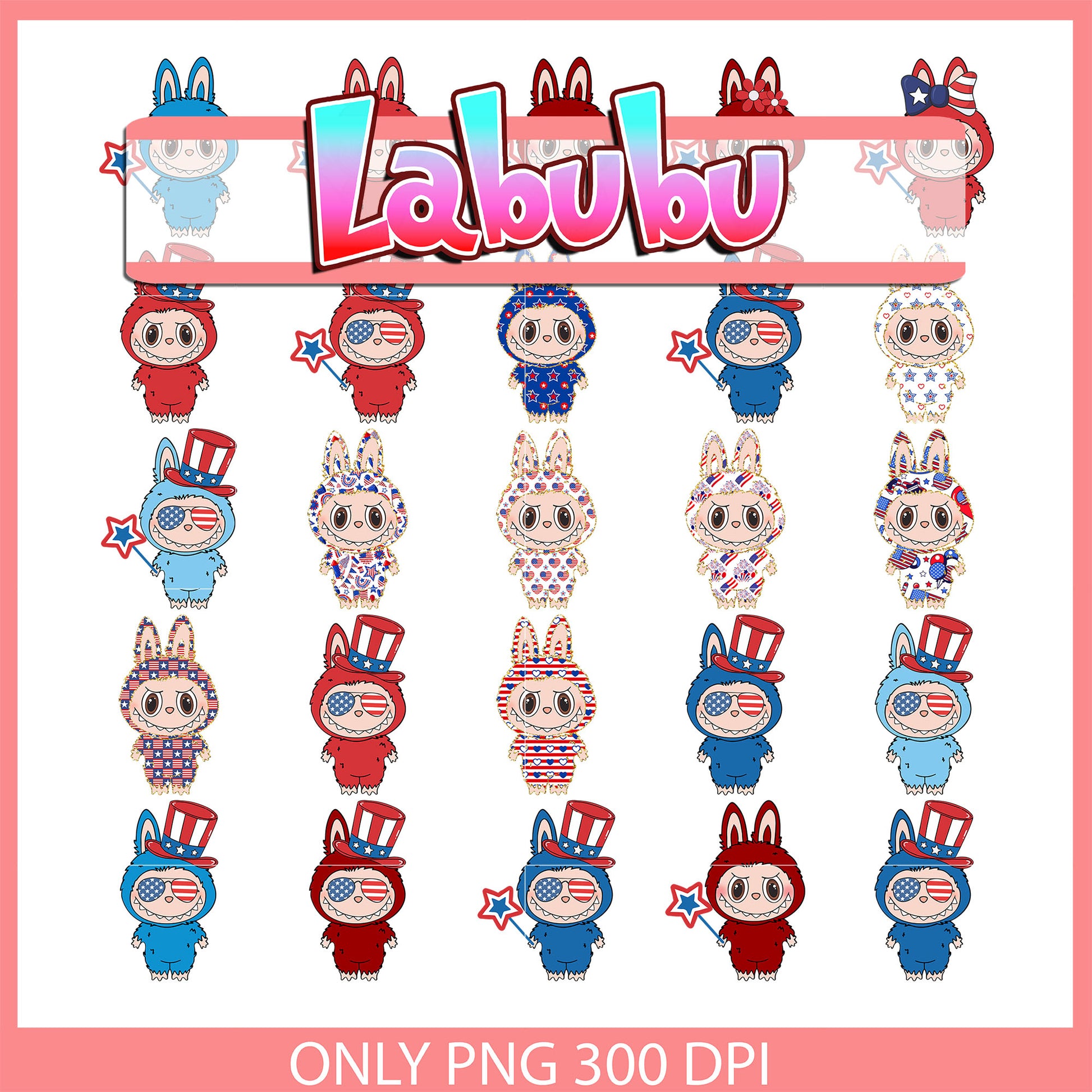 Labubu american flag decor design bundle png, red blue white png