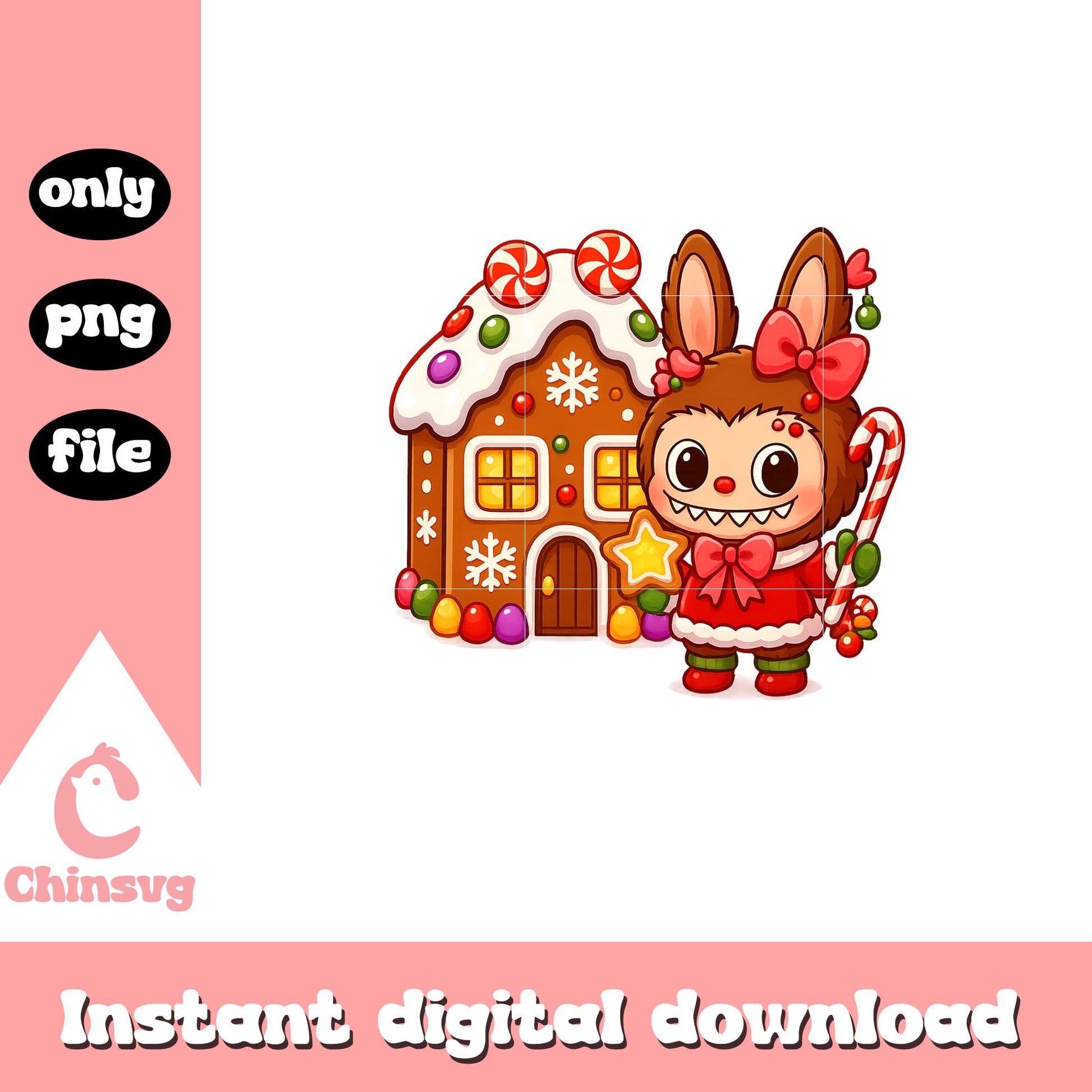 Labubu and christmas house decor png, labubu dolls png