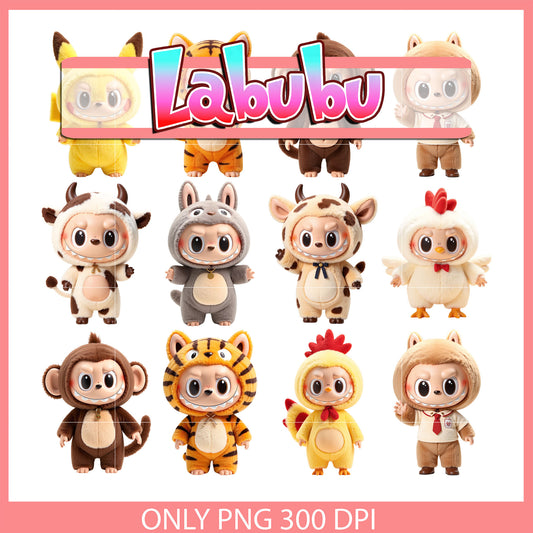 Labubu animal outfits clipart bundle png, labubu cartoon png
