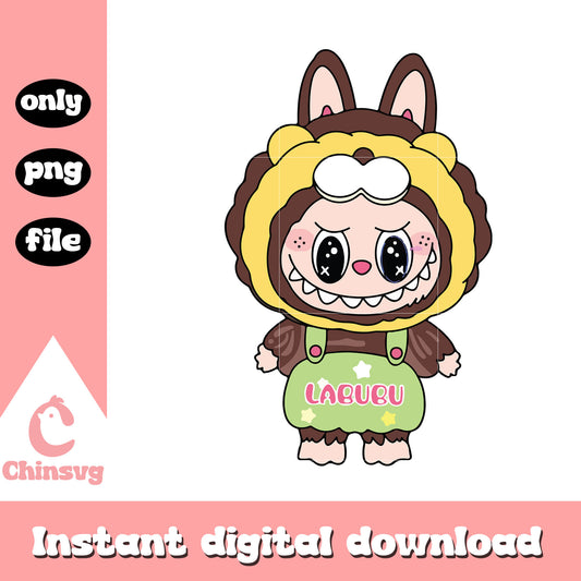 Labubu bear hood green overalls design png, labubu outfits png