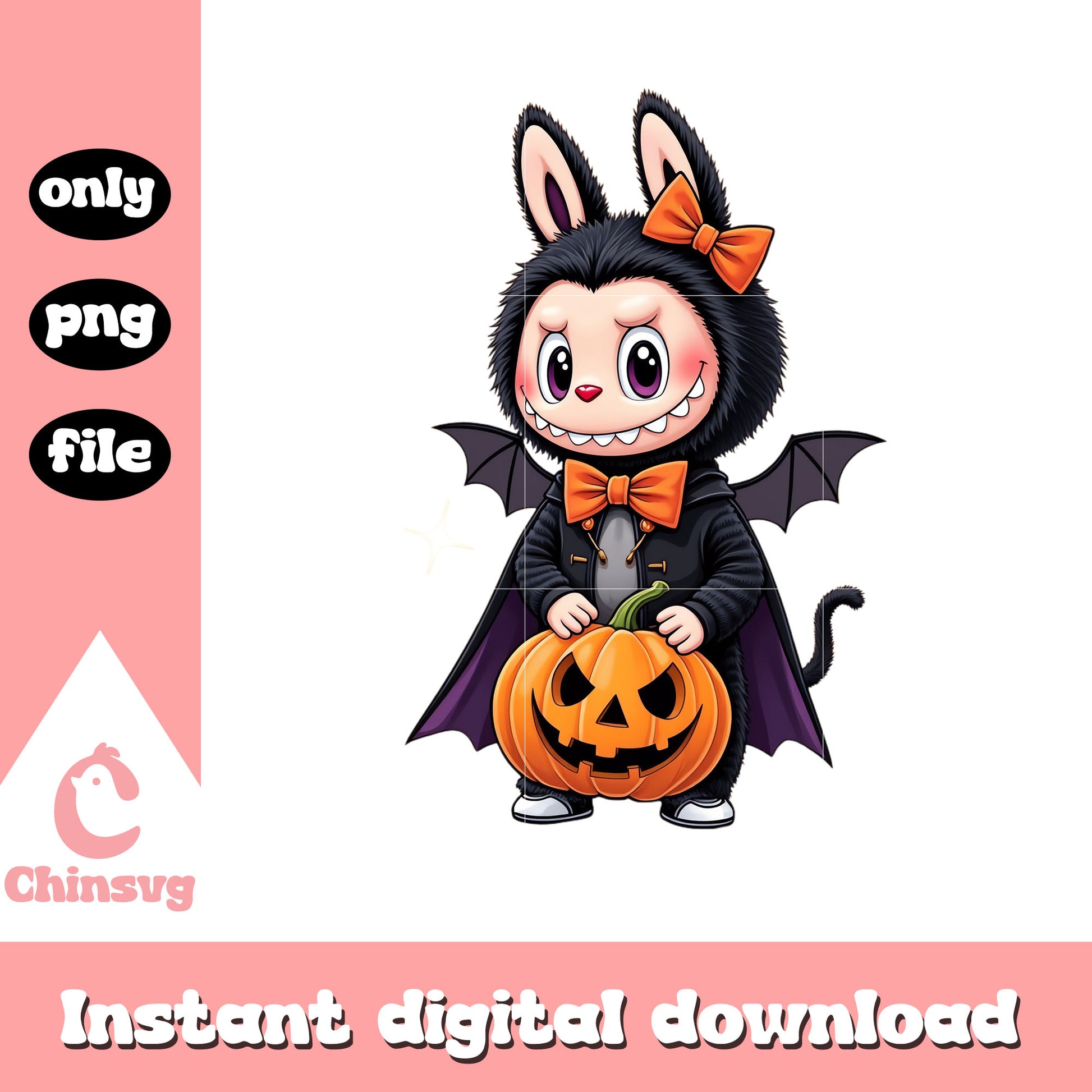 Labubu bow bat pumpkin doll art png, bats halloween png