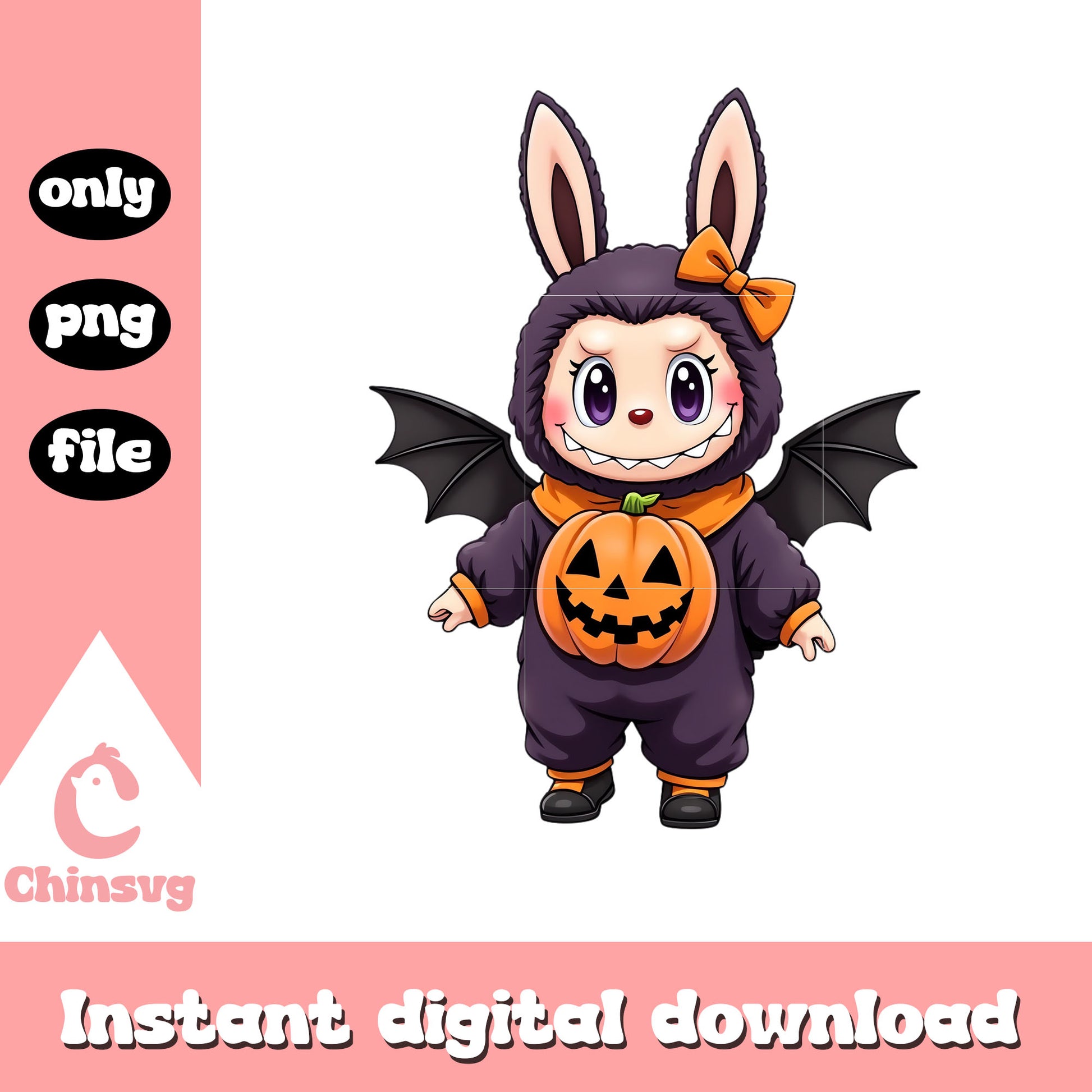 Labubu bow bat pumpkin halloween doll art png, the bat halloween png