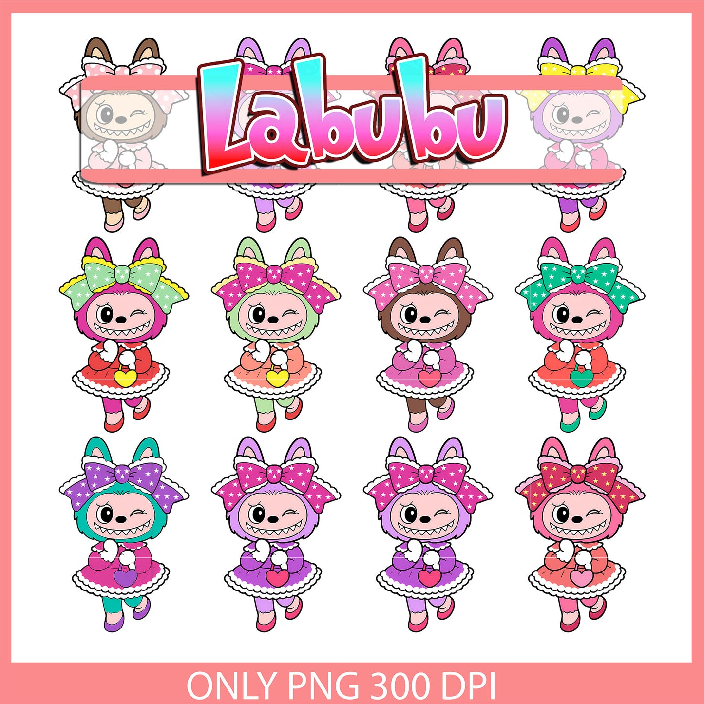 Labubu bow dress outfits design bundle png, labubu the monster png